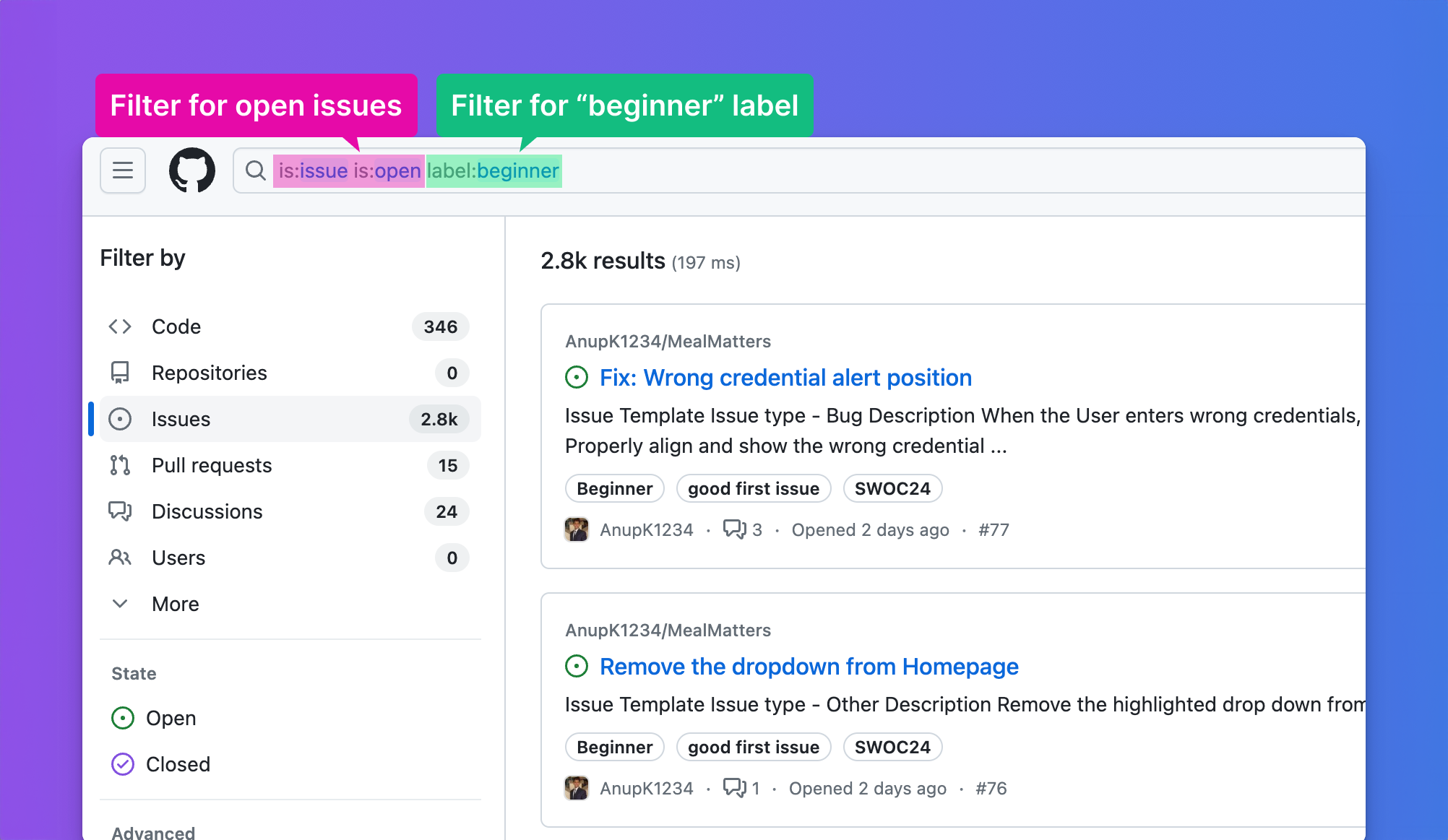 Issue filtering