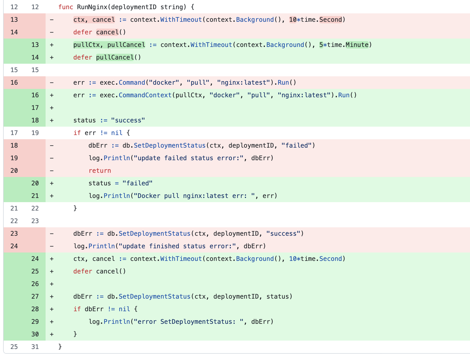 GitHub diff showing the misplaced context timeout