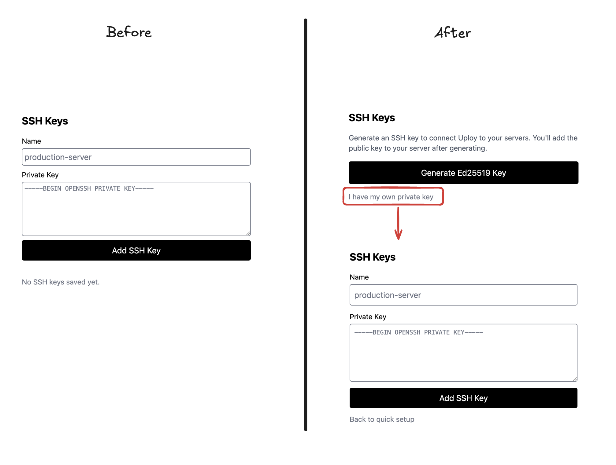 Before and after of the SSH key setup flow